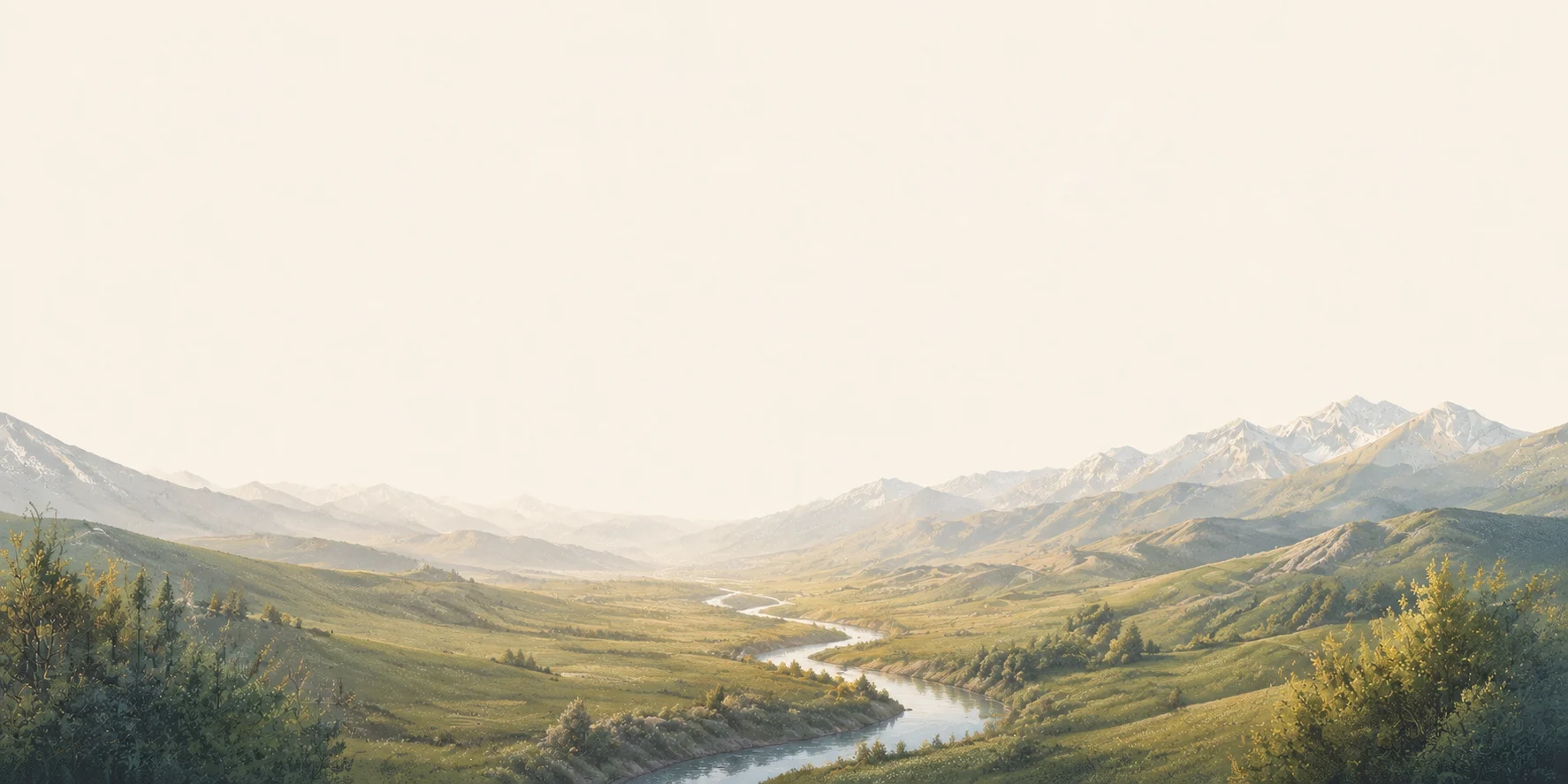 An illustrated river winding through a green valley, inspired by Kazakhstan’s Zhetysu region.